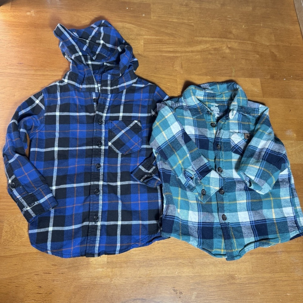 Kids Blue & Green Flannel Button Shirt Bundle Sz 2T Long Sleeve Blue Hoodie